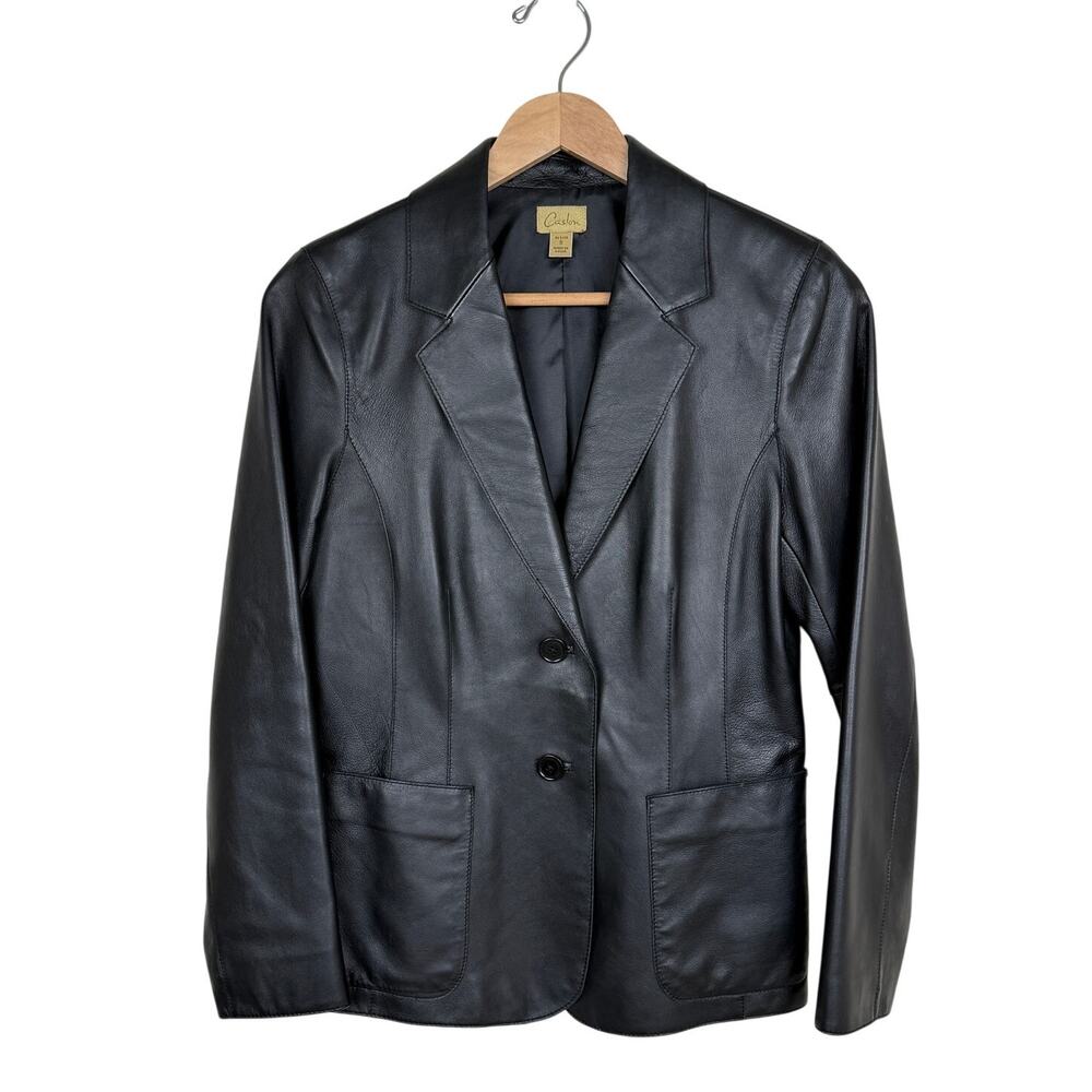Caslon Genuine Lambskin Leather Blazer Womens Petite S Black Minimalist Tailored